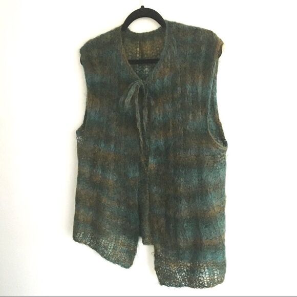 HAND KNIT Mohair Sleeveless Cardigan Sweater Tie Neck Blue Green S/M - Picture 4 of 7